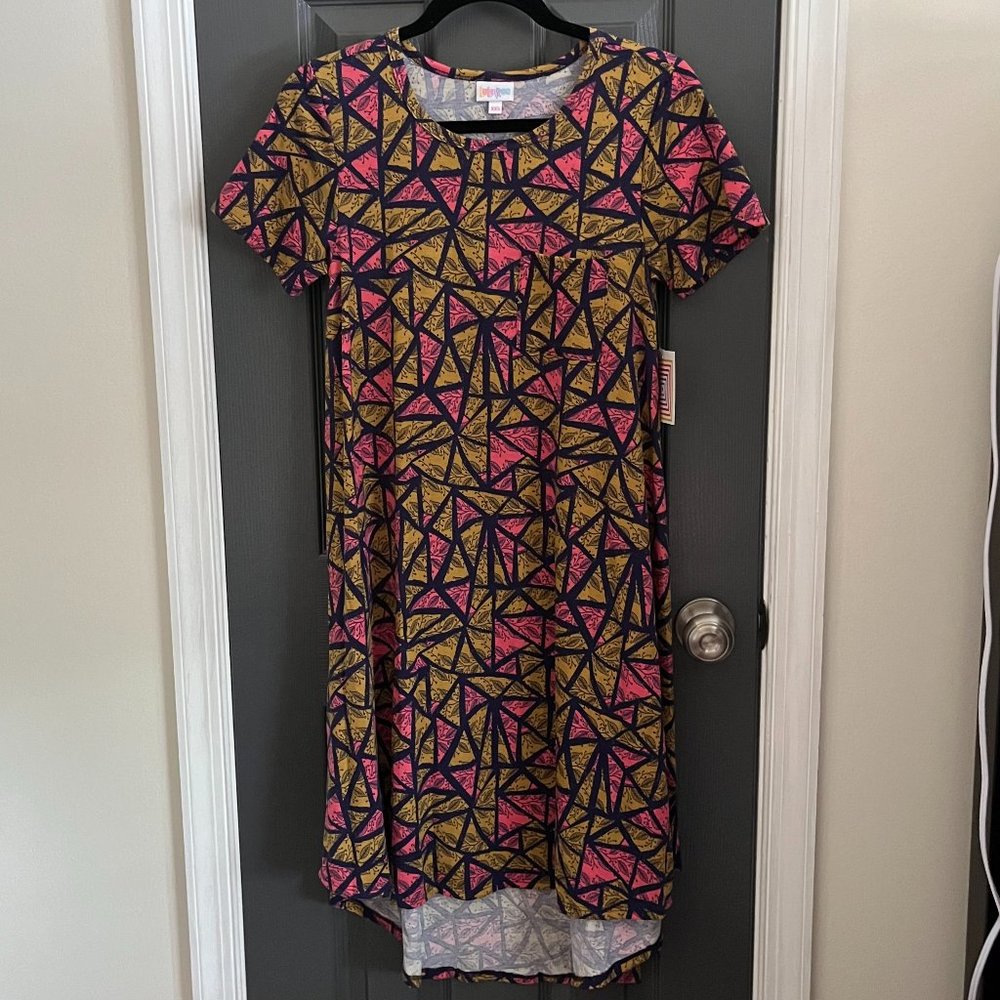 NWT LuLaRoe Carly Dress, Pink and Green Geometric Print, XXS